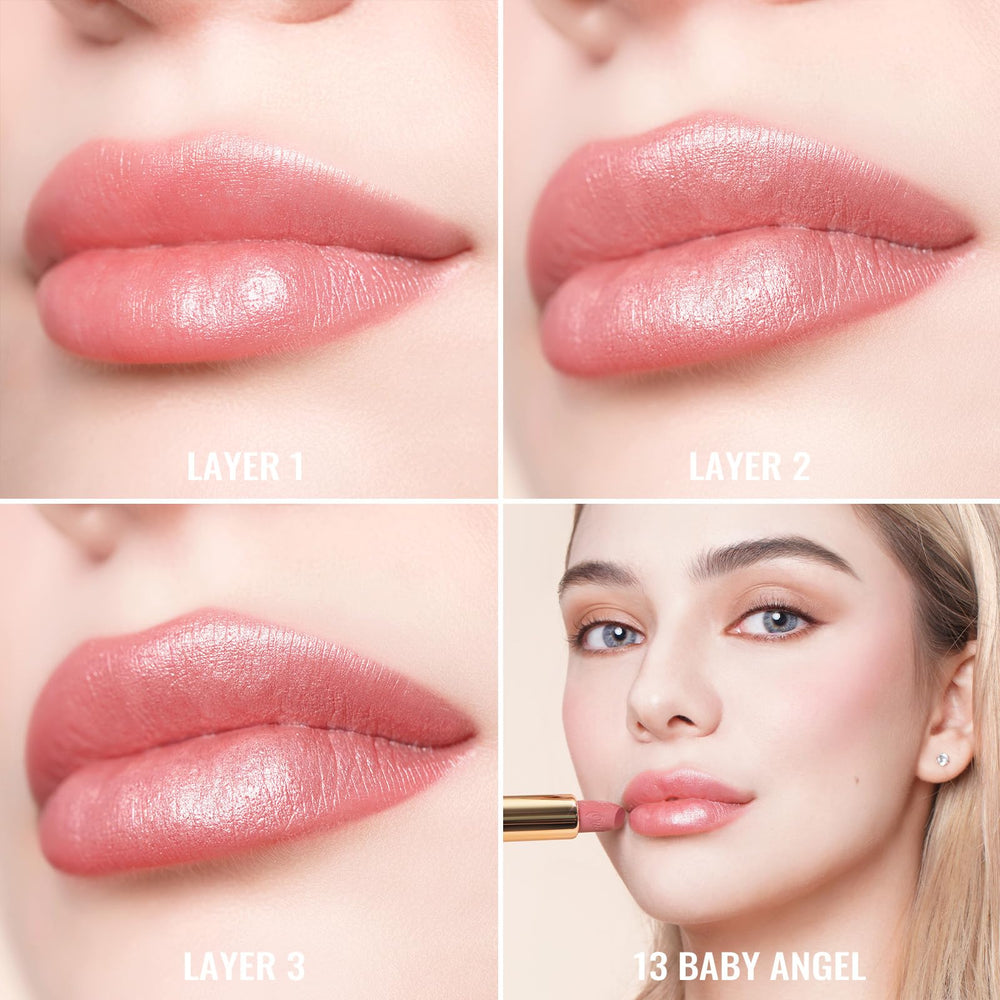 Swatches of Oulac Baby Angel on skin showing buildable shimmer and color payoff