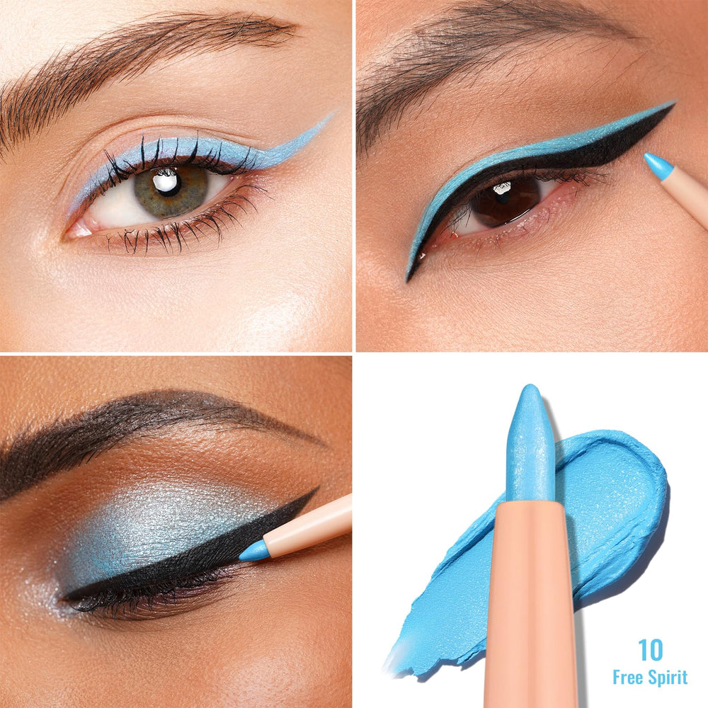 Oulac swatch of blue eyeliner on skin highlighting intense pigment payoff