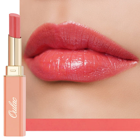 Oulac lipstick front tube showing coral peach shade and portable design