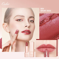 Oulac D04 brunt rose lipstick bullet close-up showing diamond-reflective shimmer