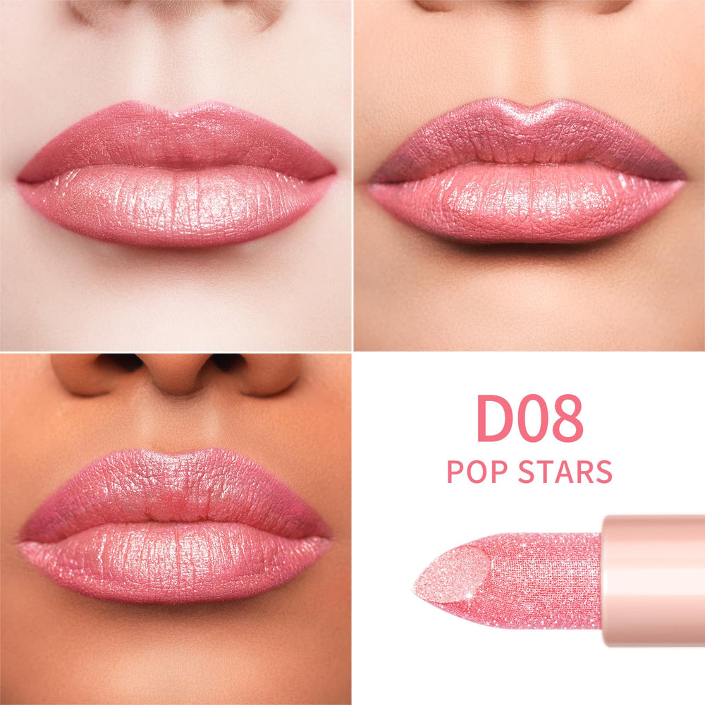 Oulac lipstick applied on lips demonstrating luminous glossy finish