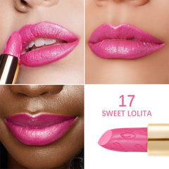 Oulac on model lips demonstrating high-impact metallic shine and wear