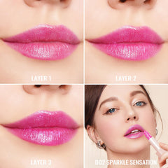 Oulac applied on lips studio shot shows pink sparkle providing luminous, hydrated look benefit
