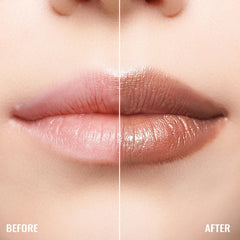 Oulac lipstick applied on lips showcasing intense metallic shine benefit