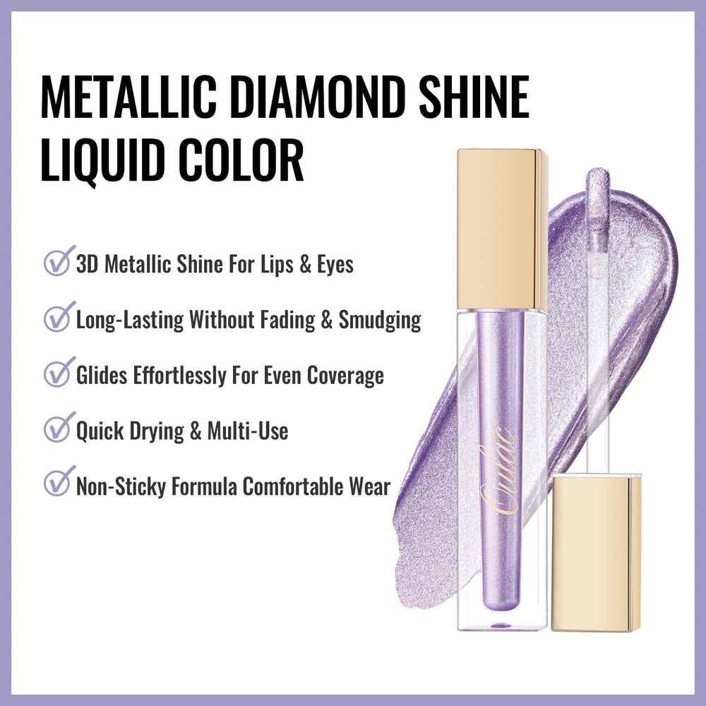 Oulac lipstick worn by model showing vibrant lavender metallic benefit