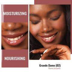 Oulac on model in daylight demonstrating hydrated glossy lip effect