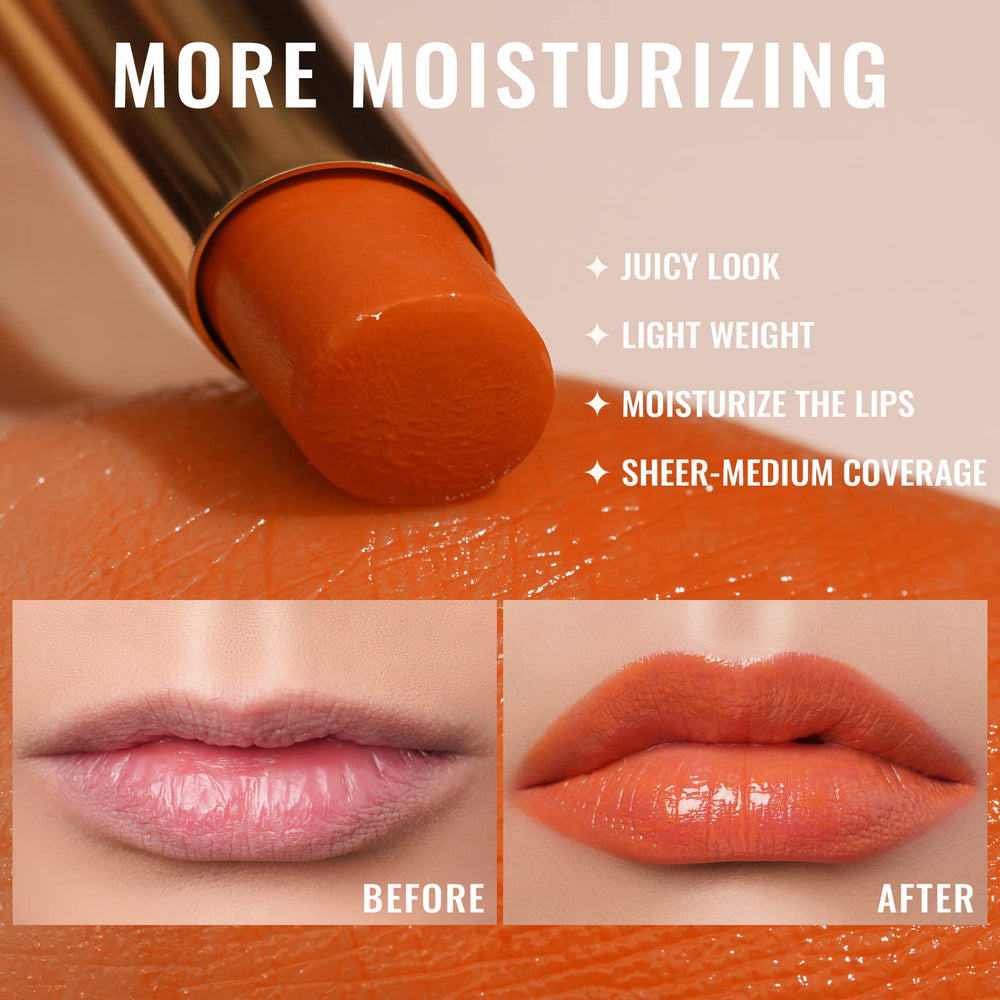 Oulac orange lip application closeup showing vivid sheen and hydrated look