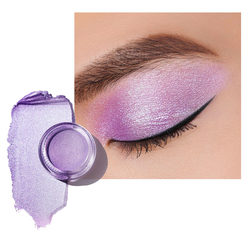 Oulac front view of purple cream eyeshadow shows compact design and label benefit