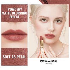 Oulac lipstick open twist-up bullet displaying creamy tip, benefits smooth application