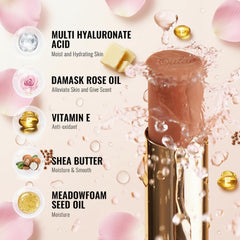 close-up texture of Oulac lipstick showing creamy finish and moisturizing feel
