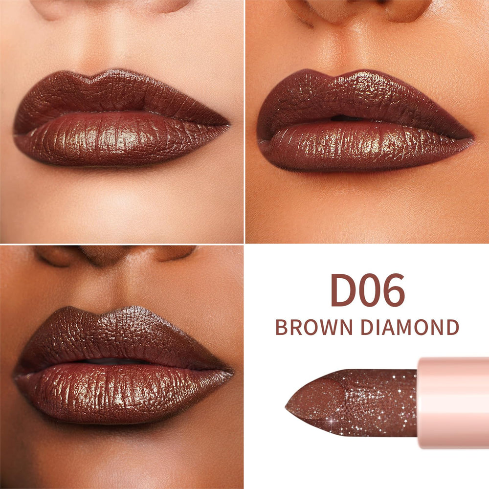 Oulac swiped on lips displaying brown diamond shimmer and hydrated smooth look