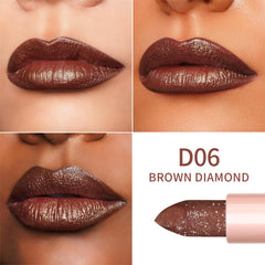 Oulac swiped on lips displaying brown diamond shimmer and hydrated smooth look