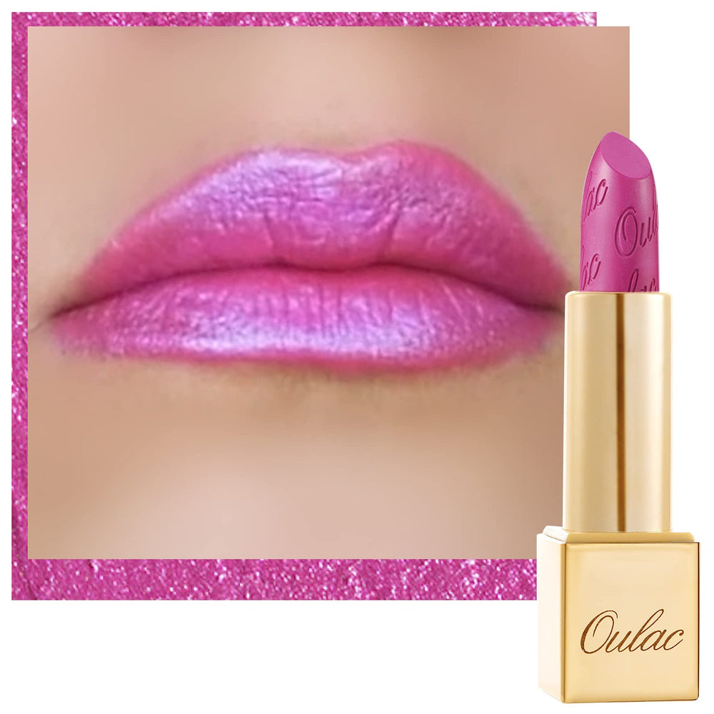 Oulac pink lipstick front view showing sleek mirror tube and color