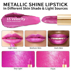 Oulac lipstick applied on lips highlighting high-impact metallic shine
