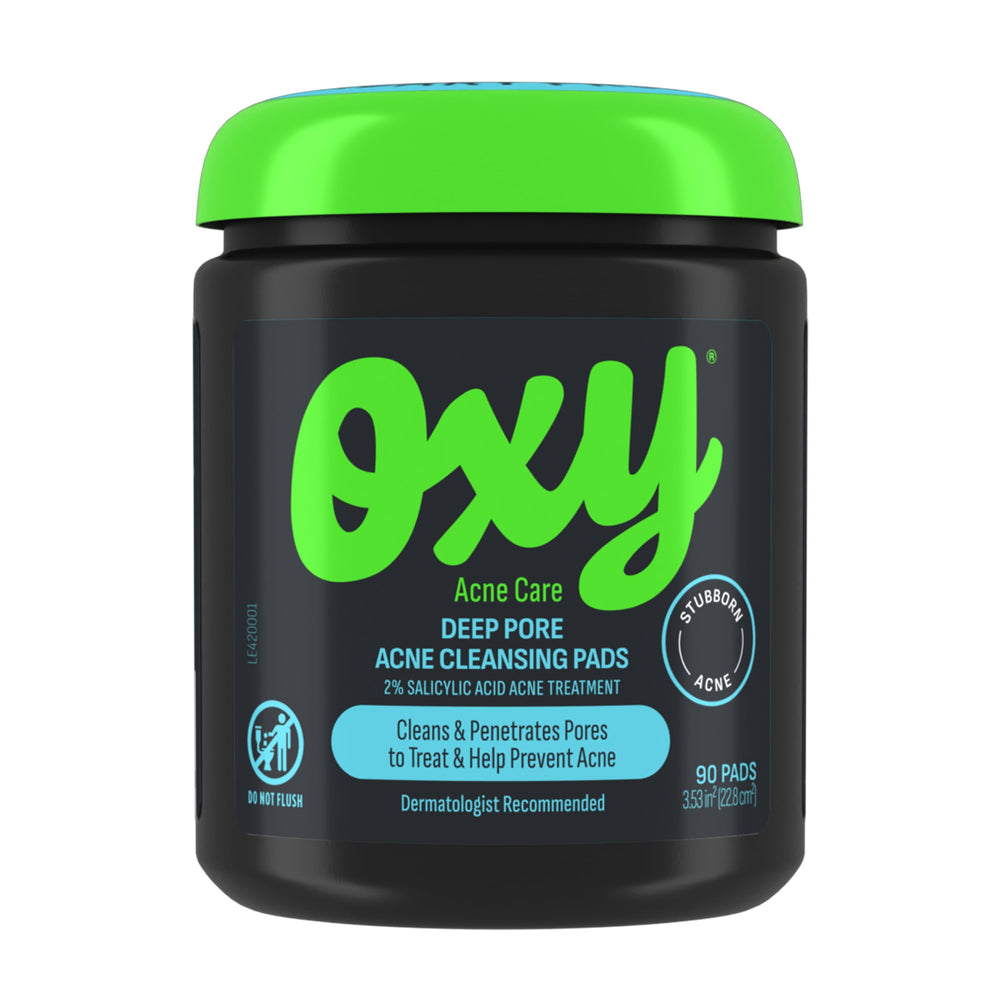 Oxy front packaging showing 90 pads and clear acne treatment benefits