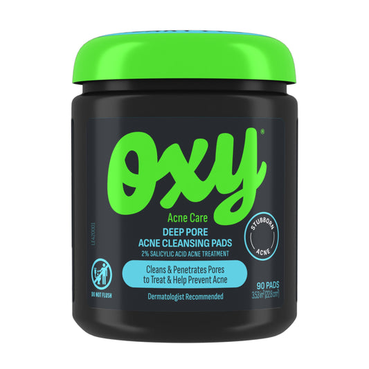Oxy front packaging showing 90 pads and clear acne treatment benefits