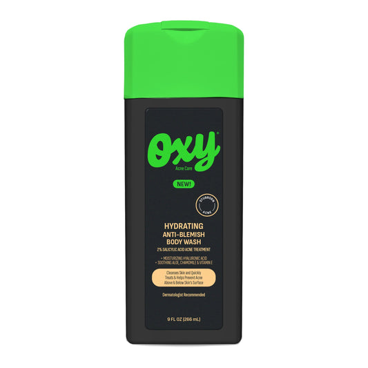 Oxy front packaging showing bottle and clear acne-care benefits