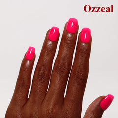 Close-up of cured Ozzeal neon polish on nail showing high-gloss finish and smooth coverage
