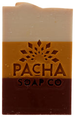 Pacha Soap Co frankincense myrrh bar front view showing size and label, enhances daily care