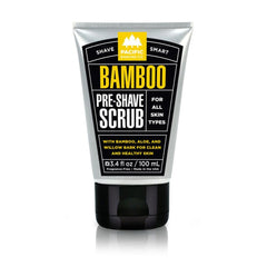 Pacific Shaving Company front packaging showing bamboo pre-shave scrub benefits