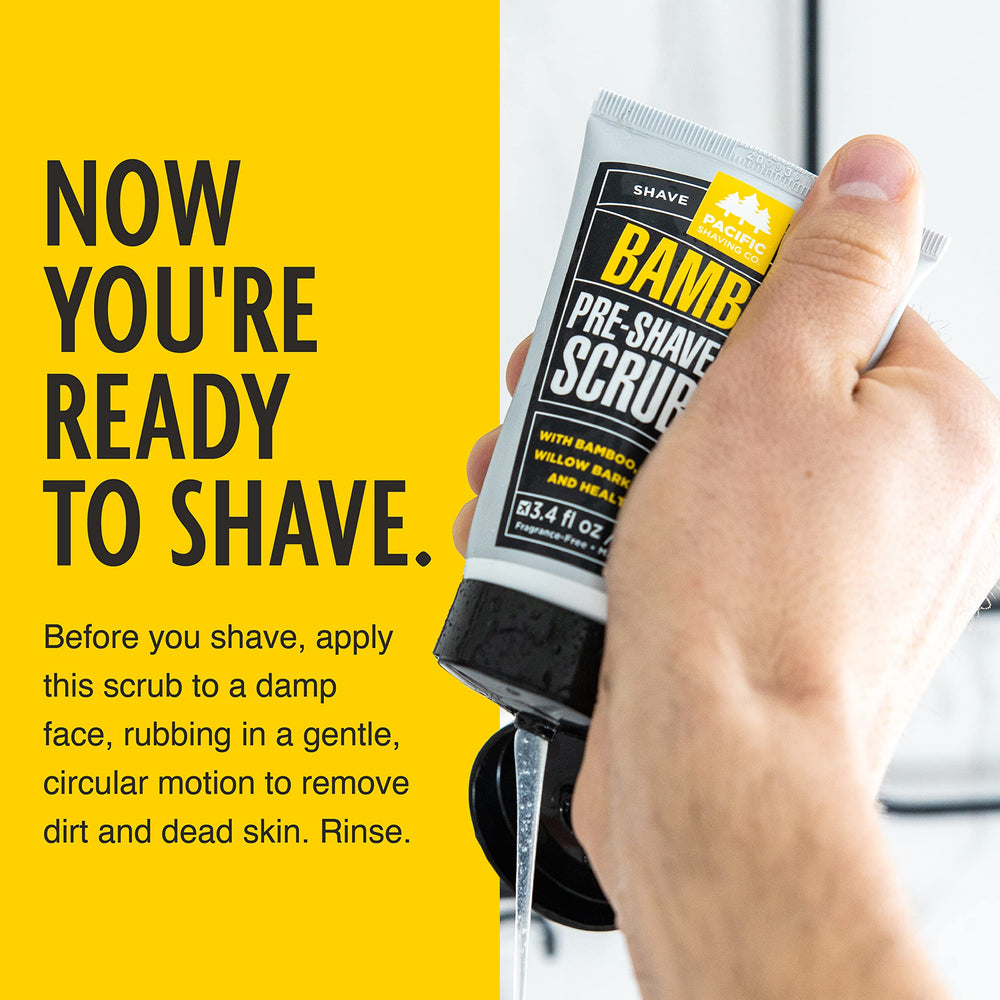 Pacific Shaving Company applying scrub into beard to reduce flakes and soften hair