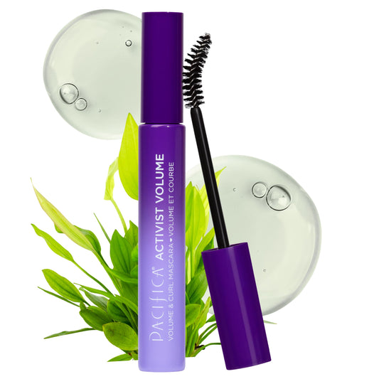 Pacifica mascara front glass bottle showing eco-friendly design and performance