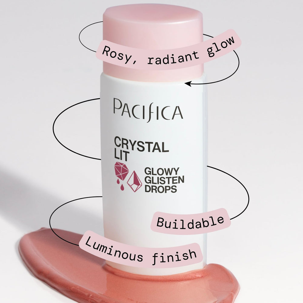 Pacifica Crystal Lit applied on cheeks giving natural, dewy color
