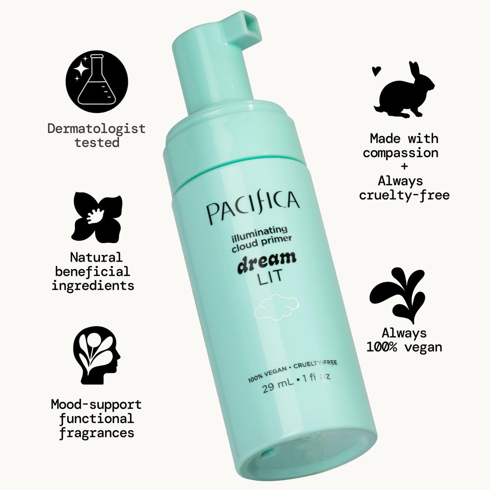 Pacifica Dreamlit applied to one half of face showing visible smoothing benefit