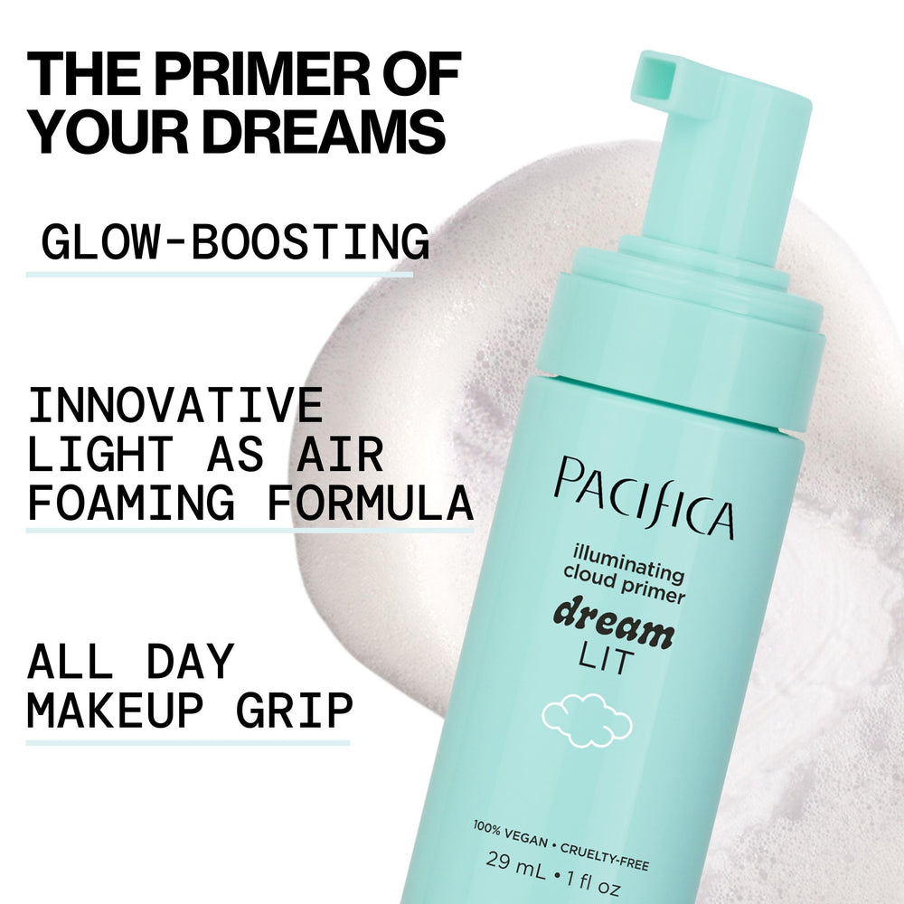 Pacifica Dreamlit with ingredient visuals like Kakadu plum and hyaluronic acid benefit
