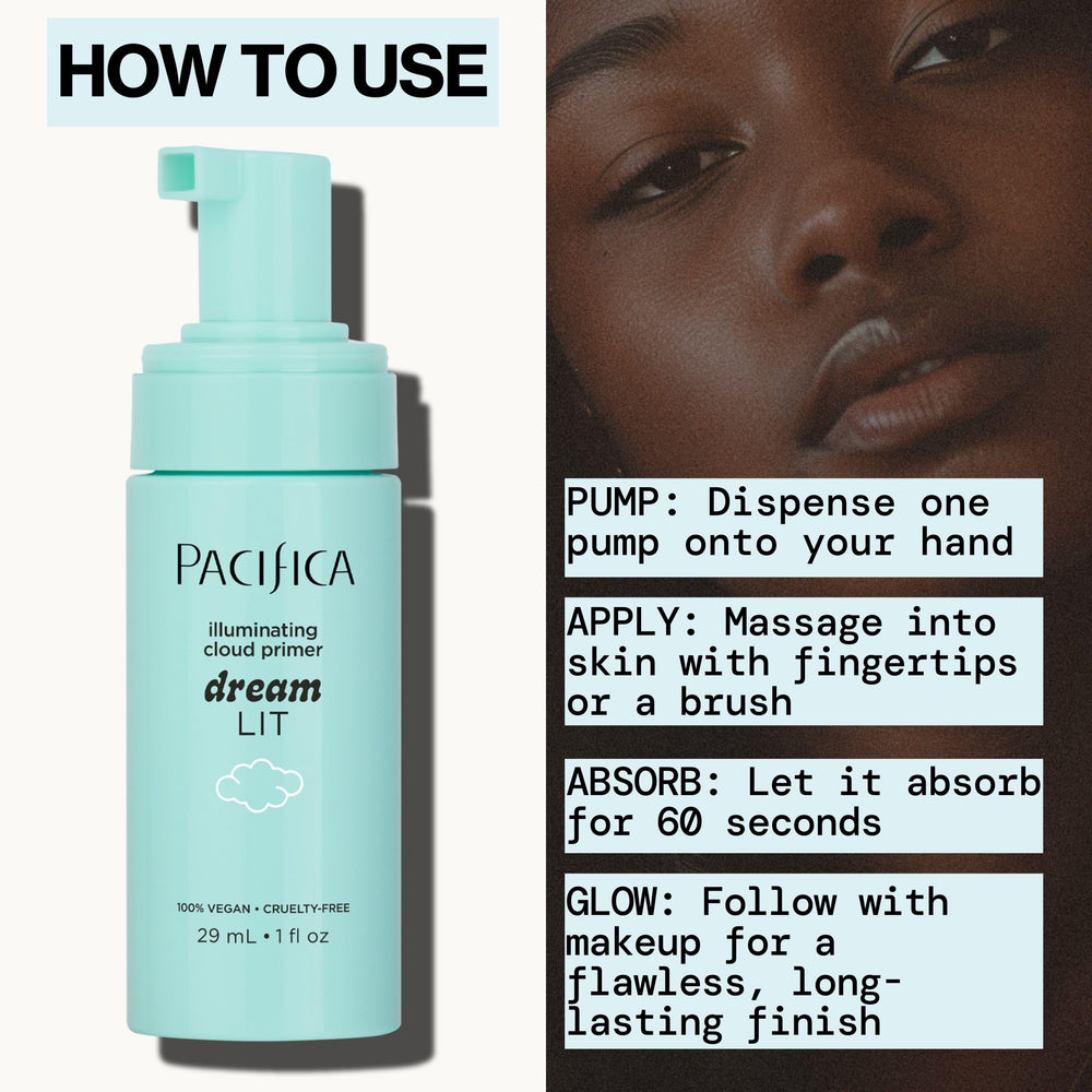 Pacifica Dreamlit under foundation demonstration illustrating longer-lasting makeup benefit