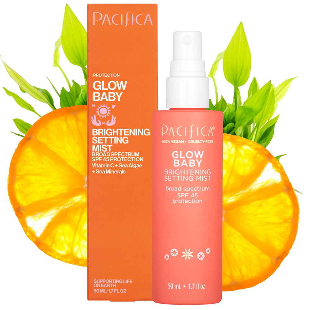 Pacifica front bottle glow baby setting spray showing compact travel size and SPF benefit