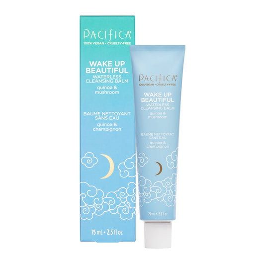Pacifica front tube showing Wake Up Beautiful cleanser, easy travel use