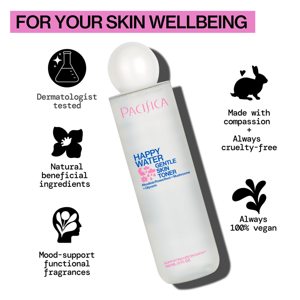 Pacifica Happy Water ingredients label highlighting ceramides and hyaluronic acid benefits