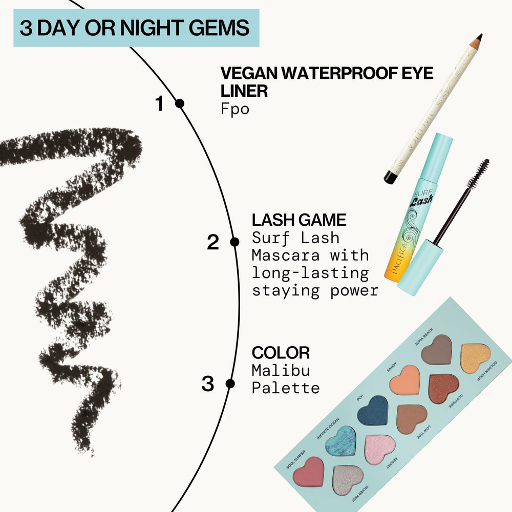 Pacifica jet black pencil beside makeup bag for on-the-go longwear benefit