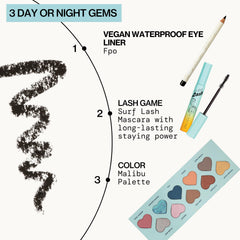 Pacifica jet black pencil beside makeup bag for on-the-go longwear benefit
