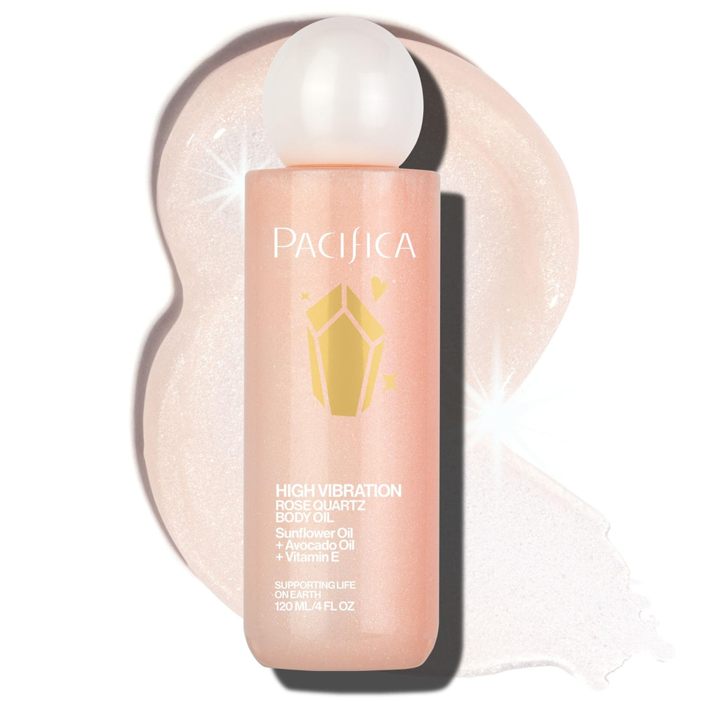 Pacifica bottle front view showing rose quartz body oil and elegant label benefits