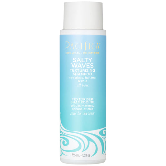 Pacifica front bottle shot showing Salty Waves shampoo and clean-beauty label benefits