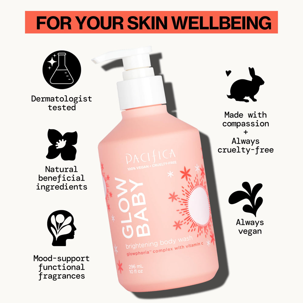 Pacifica bottle in shower being lathered for visibly smoother skin