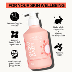 Pacifica bottle in shower being lathered for visibly smoother skin