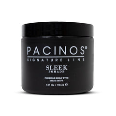 Pacinos pomade front jar showing packaging and glossy finish benefit