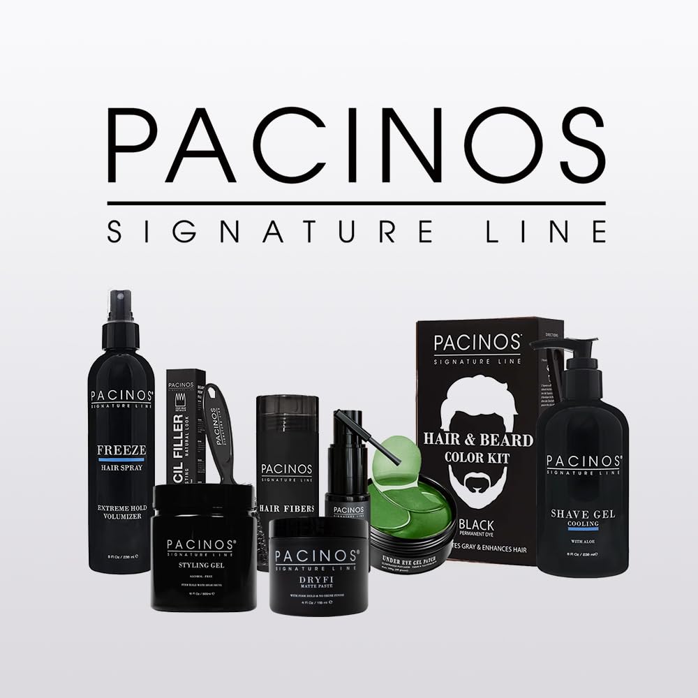 Pacinos pomade label closeup showing ingredients and barber-grade assurance benefit