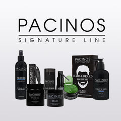 Pacinos pomade label closeup showing ingredients and barber-grade assurance benefit