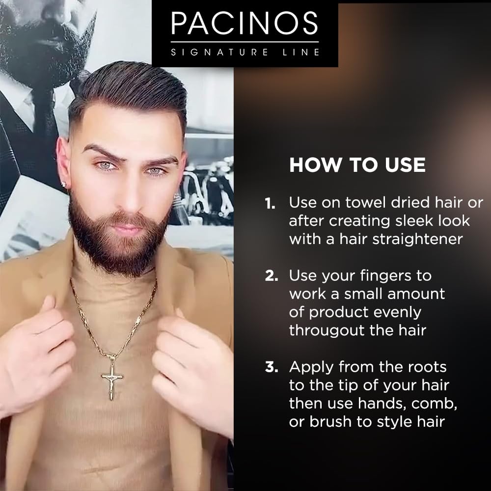 Pacinos pomade next to hand for size comparison showing 4 oz portability benefit