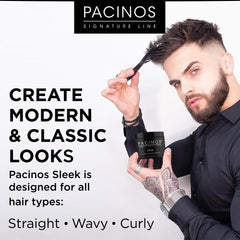 Pacinos pomade styled slick-back haircut demonstrating long-lasting shine benefit