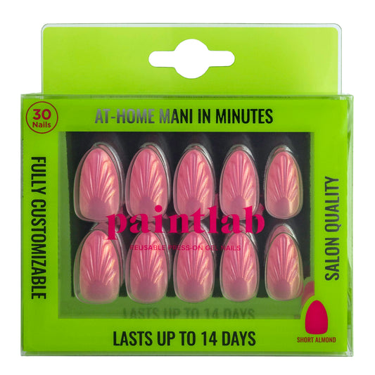 PaintLab front packaging showing pink mermaid seashell press-on nails and kit benefits