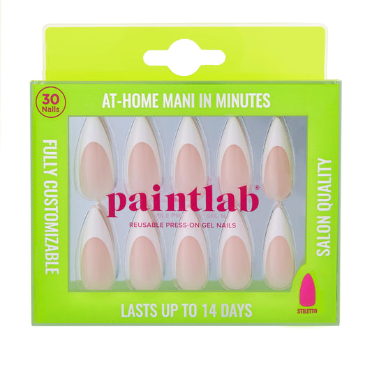 PaintLab front packaging showing white French tip nails and kit contents for easy home use