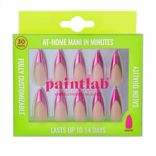 PaintLab front packaging showing chrome pink stiletto nails and included tools for easy at-home use