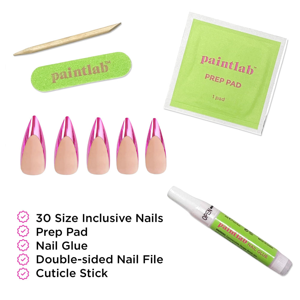 PaintLab worn on model showing finished stiletto manicure for stylish everyday wear