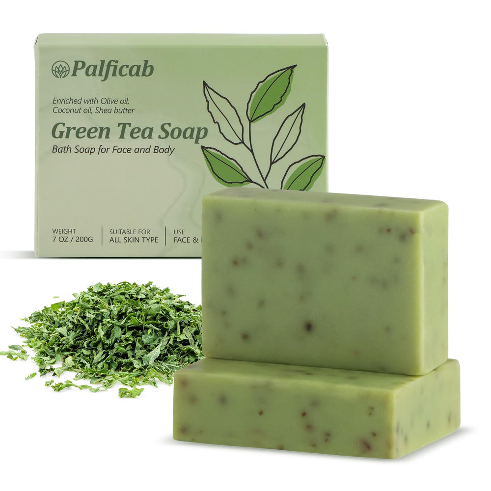 PALFICAB front view of two green tea soap bars showing packaging and natural look, nourishing clean