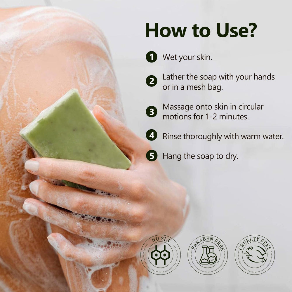 PALFICAB soap bar beside key ingredients showing natural oil blend